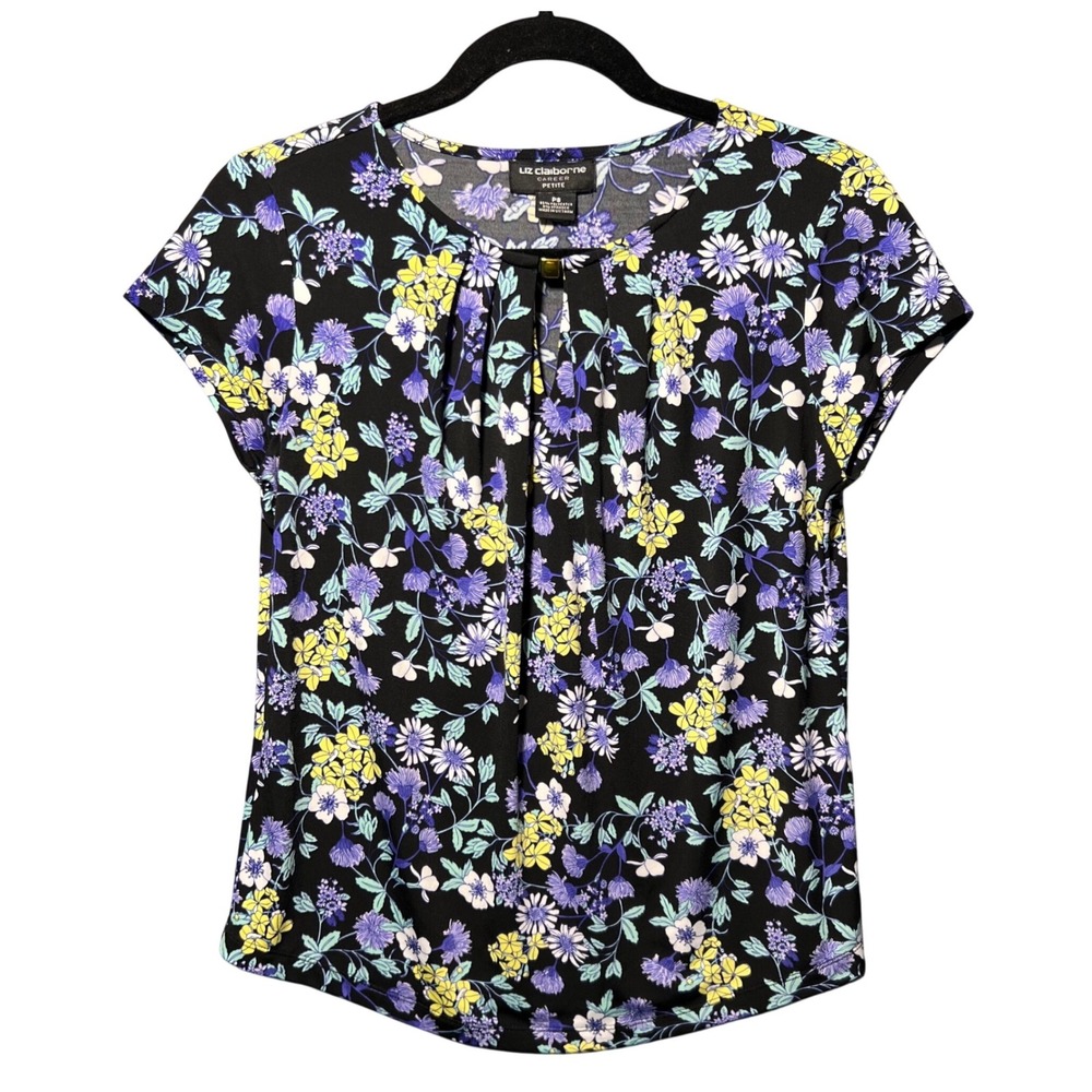 Liz Claiborne Career Petite Floral Blouse Black Purple Blue Yellow PS Cap Sleeve